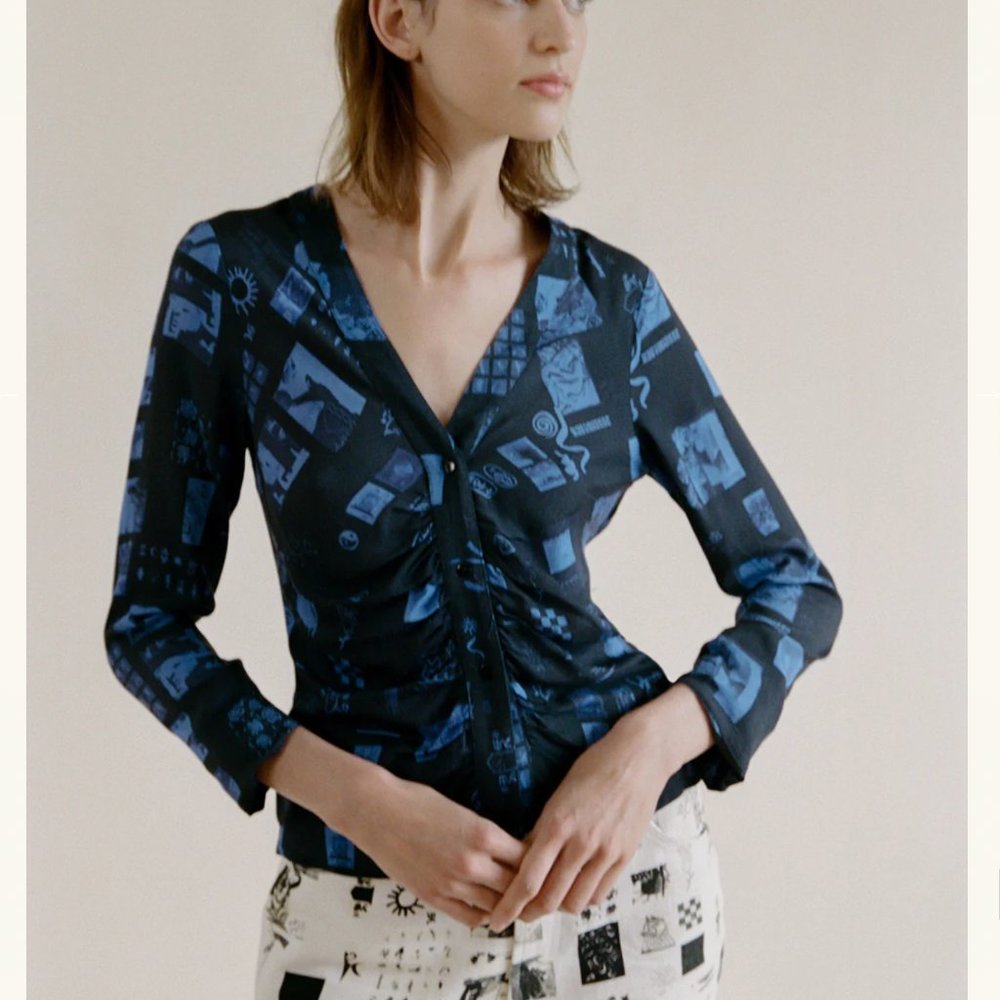 Rationalle Blue Print Button Down Top Sz Large
